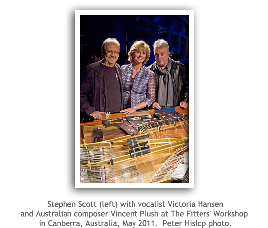 Stephen Scott (left) with vocalist Victoria Hansen and Australian composer Vincent Plush at The Fitters' Workshop in Canberra, Australia, May 2011.